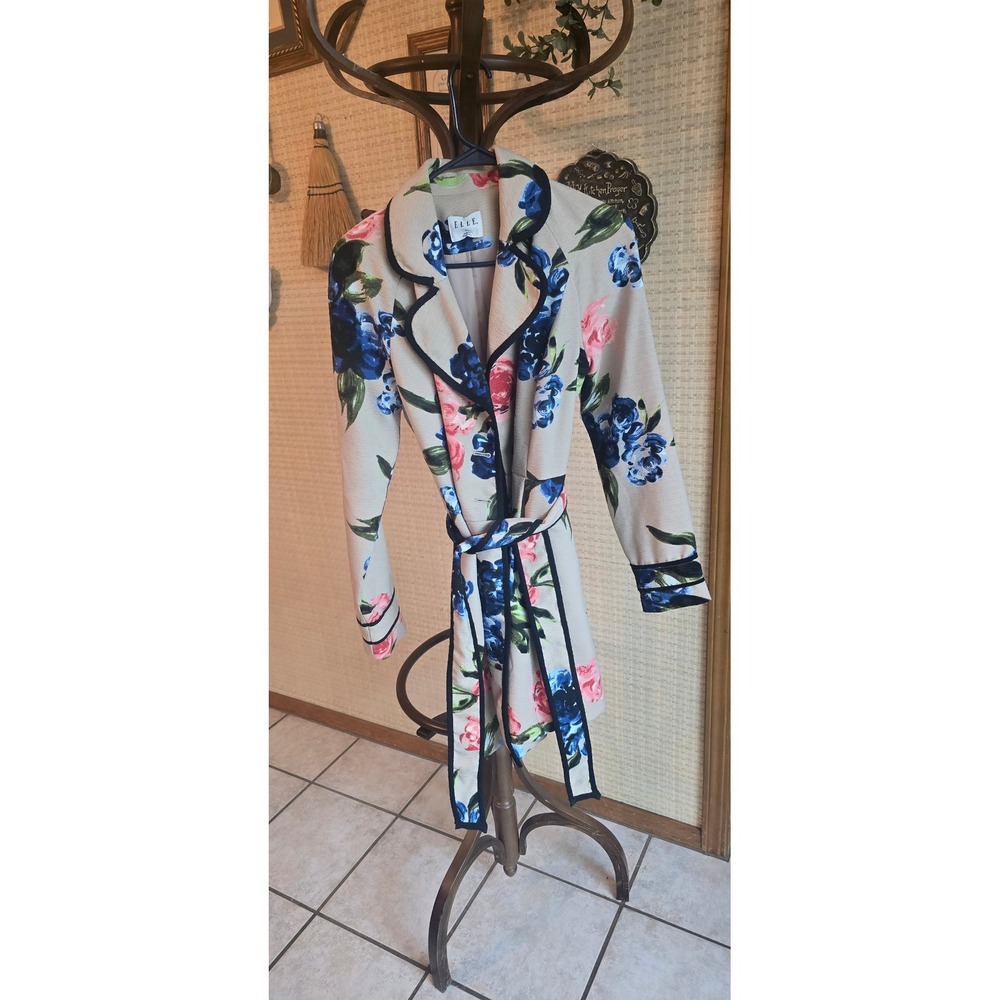 Elle Floral Wrap Trench Coat Tan Blue Pink Rose Belted Jacket Womens Size 6